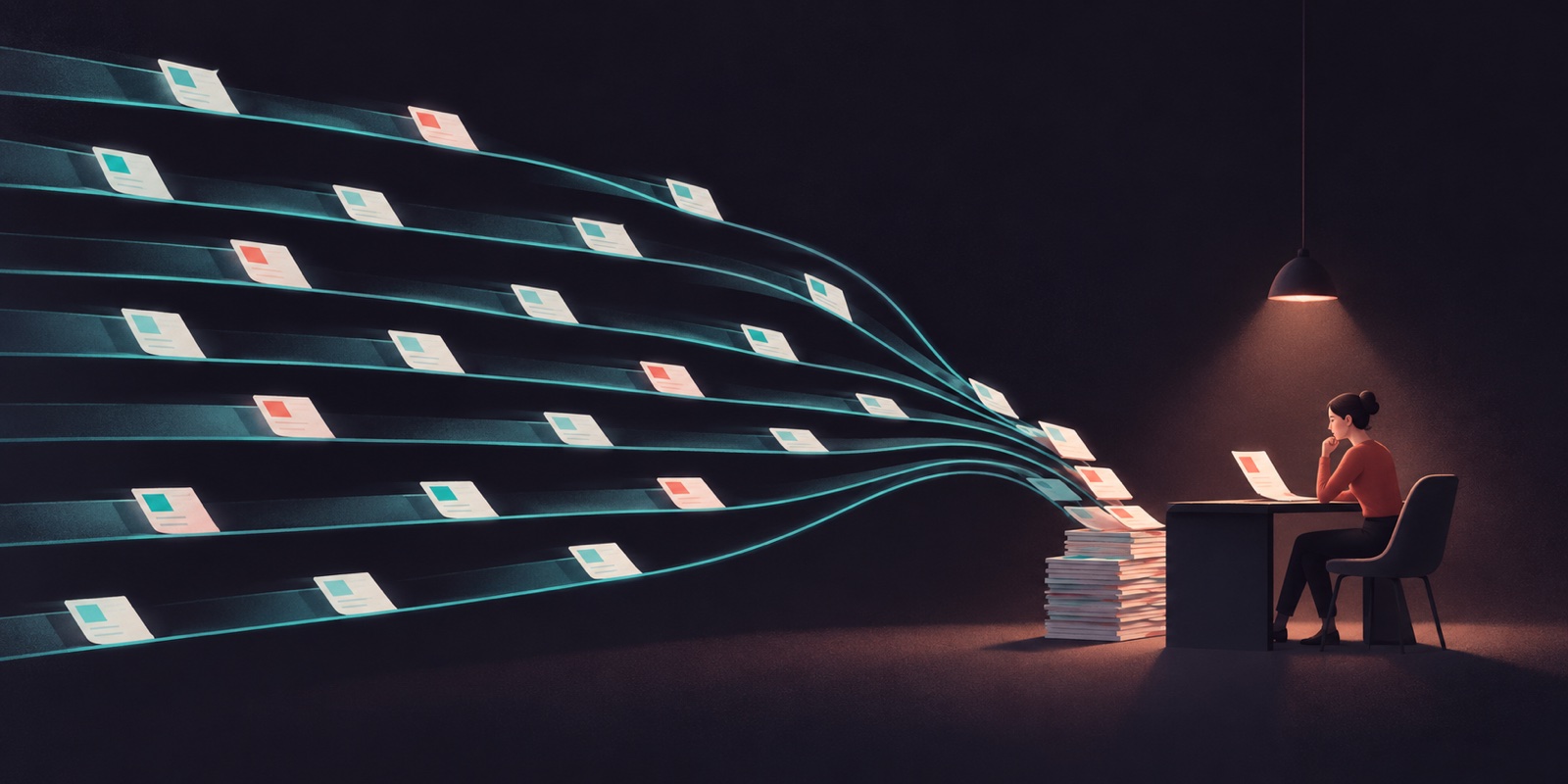 Parallel streams of document cards converge into a stack beside one person reviewing work at a desk.