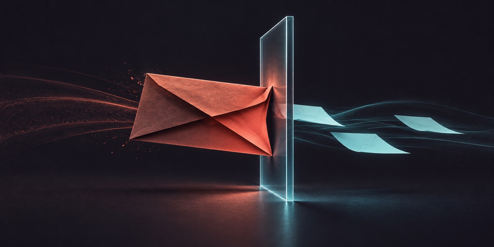 A coral paper message stops at a glass barrier while cyan messages travel beyond it.