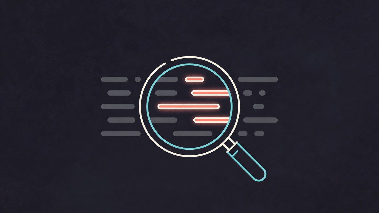 Magnifying glass revealing highlighted lines in code, representing the cold critic finding hidden issues